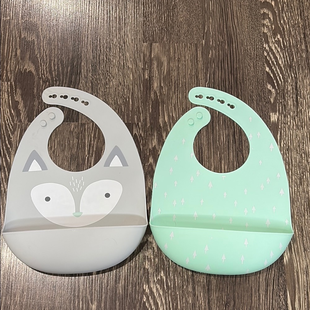 Set of 2 cloud island Silicone Baby Bib Set - Gray and Mint